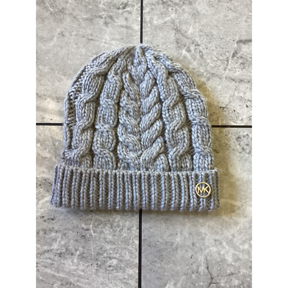 Michael Kors Gray Cable Knit Beanie Hat with Gold MK Logo Charm Women Accessory